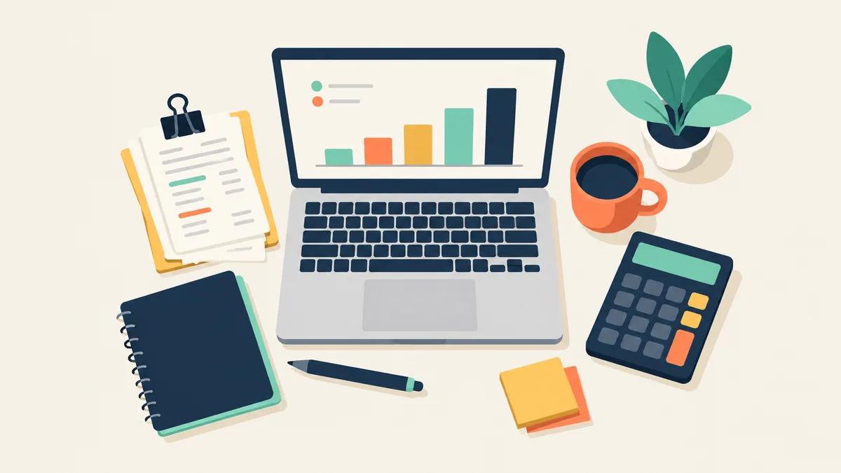 Sample cover image: a bookkeeping desk with a laptop chart, receipts and a calculator, in flat illustration