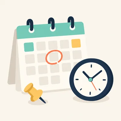 Sample inline image: a desk calendar with one day circled next to a clock, in flat illustration