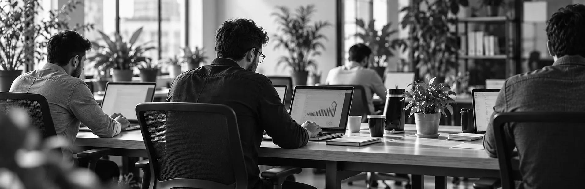 A small team working at laptops along a shared desk in a bright office, in black and white.